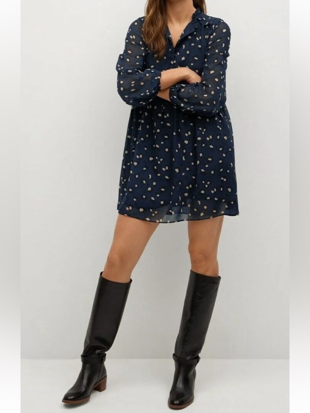Mango Flowy Navy Polka Dot Mini Dress - Picture 1 of 12